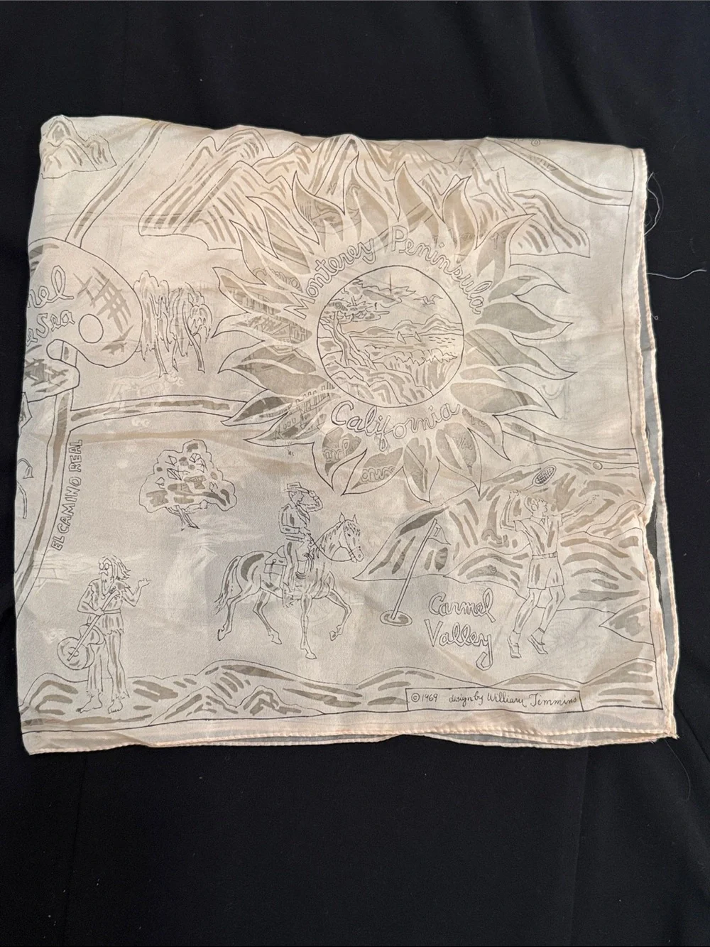 Carousel of Canary Row Carmel Monterey Illustrated Scenic Scarf 🧣in Cream